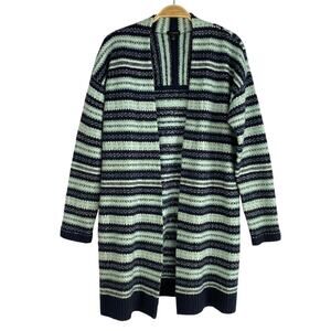 Talbots Fair Isle Long Cardigan Sweater Women S Blue Green Striped Open Front